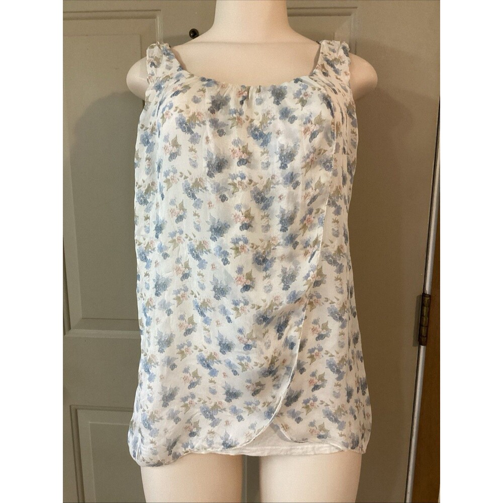 Belambia Italy 100% Silk Top Blue/tan Floral Sleeveless Blouse Sheer Layered